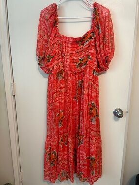 LC Lauren Conrad Coral Red Floral Maxi Dress with Puff Sleeves